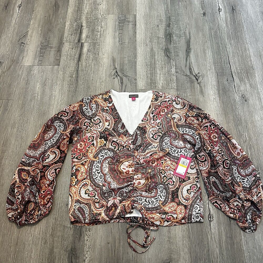 Vince Camuto Women's Shirt Size Medium Balloon Sleeve Paisley Shimmer Blouse